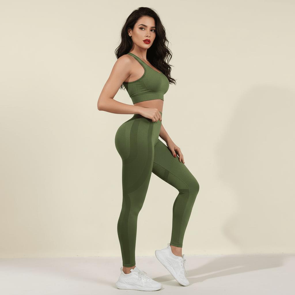 Legging anti cellulite vert olive, vue de profil, pose élégante, brassière assortie, studio crème