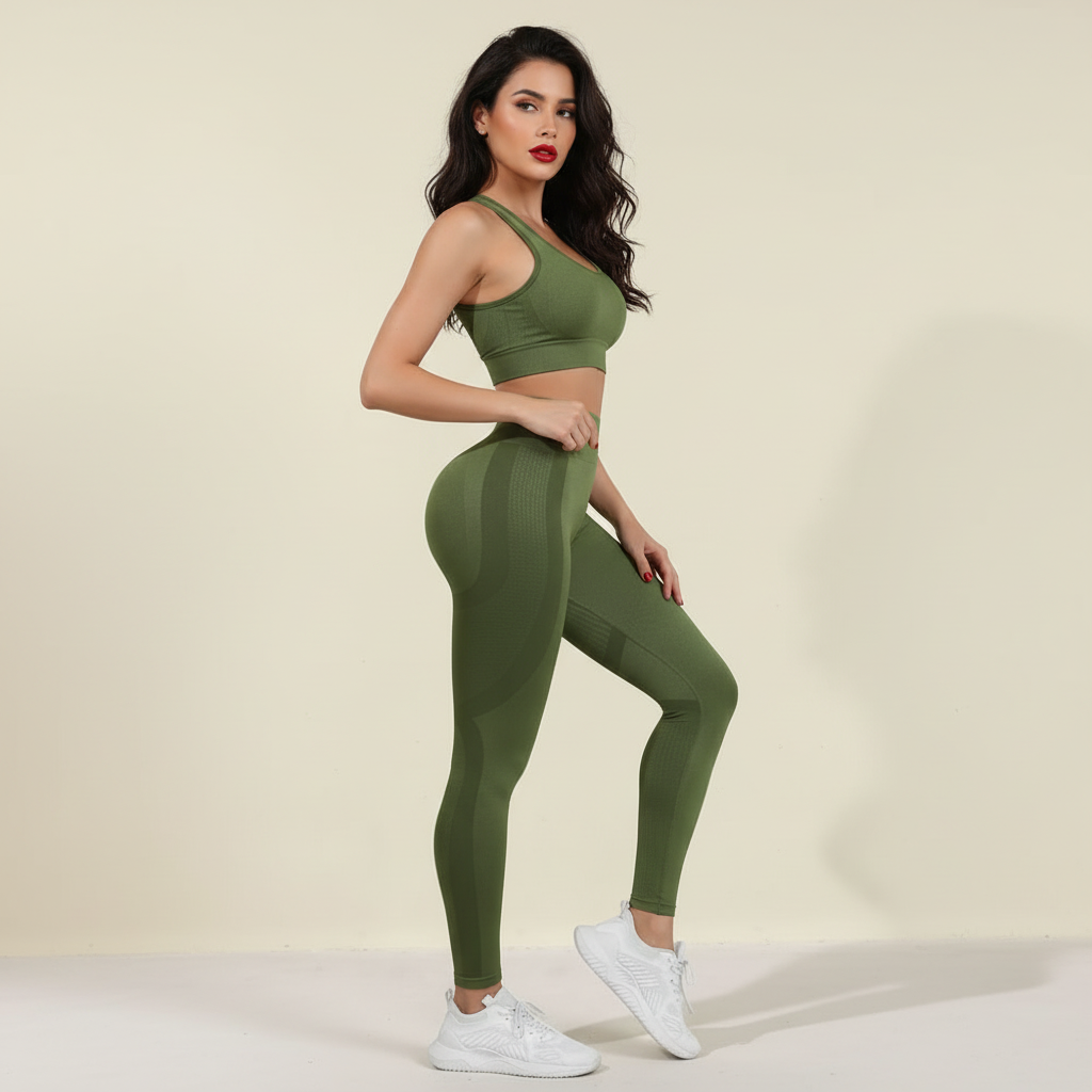 Legging anti cellulite vert olive, vue de profil, pose élégante, brassière assortie, studio crème