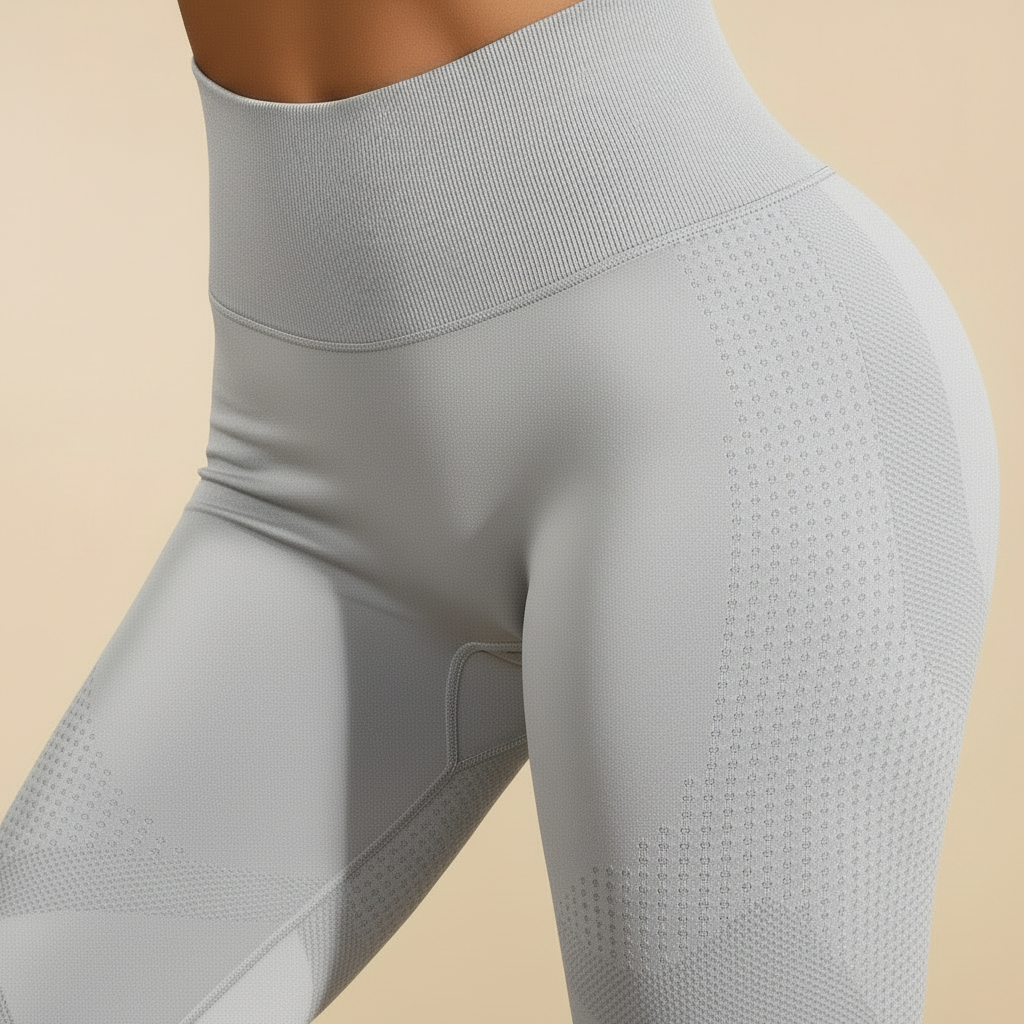 Legging anti cellulite gris clair, zoom texture matière sur la cuisse, effet lissant, studio crème.