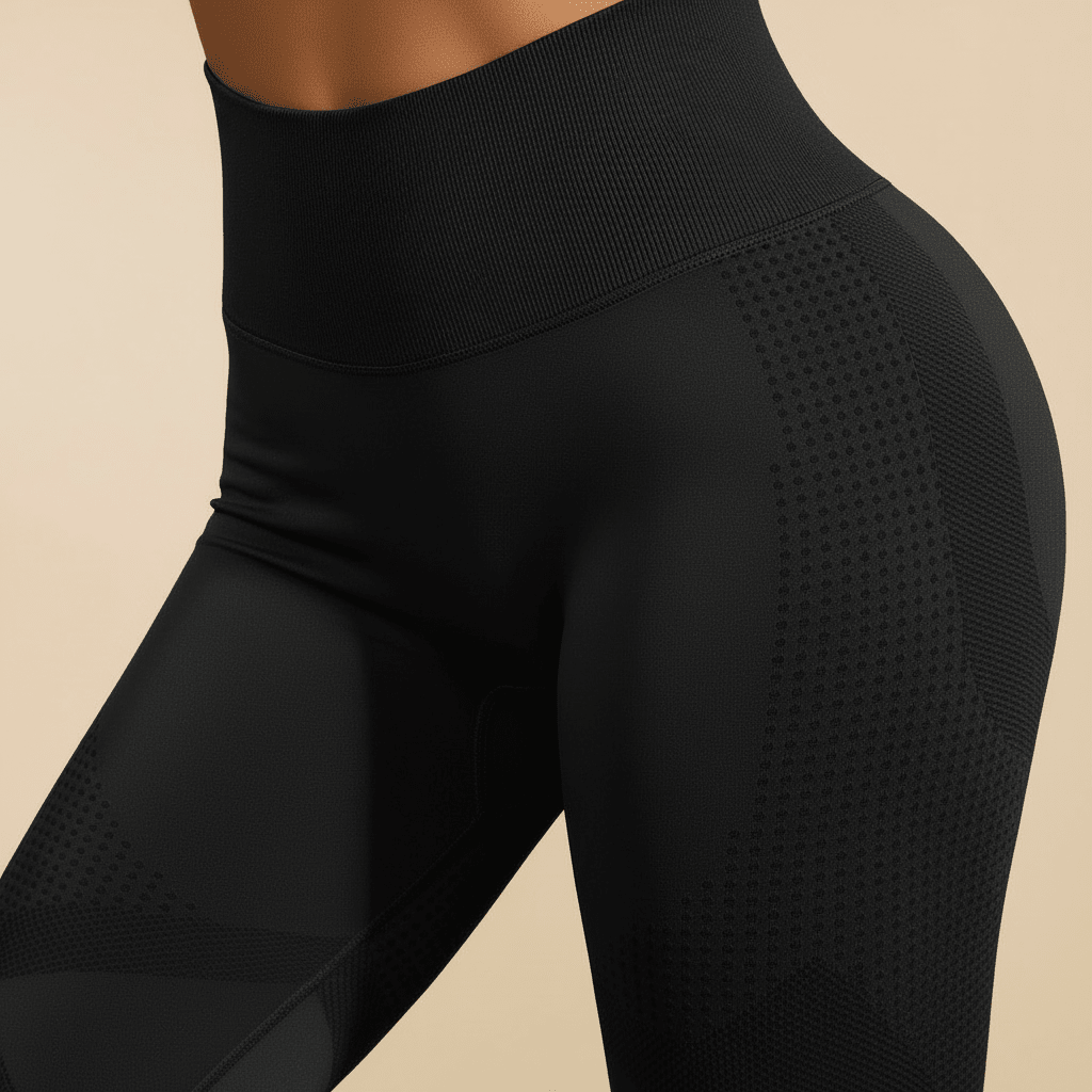 Legging anti cellulite noir, zoom texture matière sur la cuisse, effet lissant, studio crème.