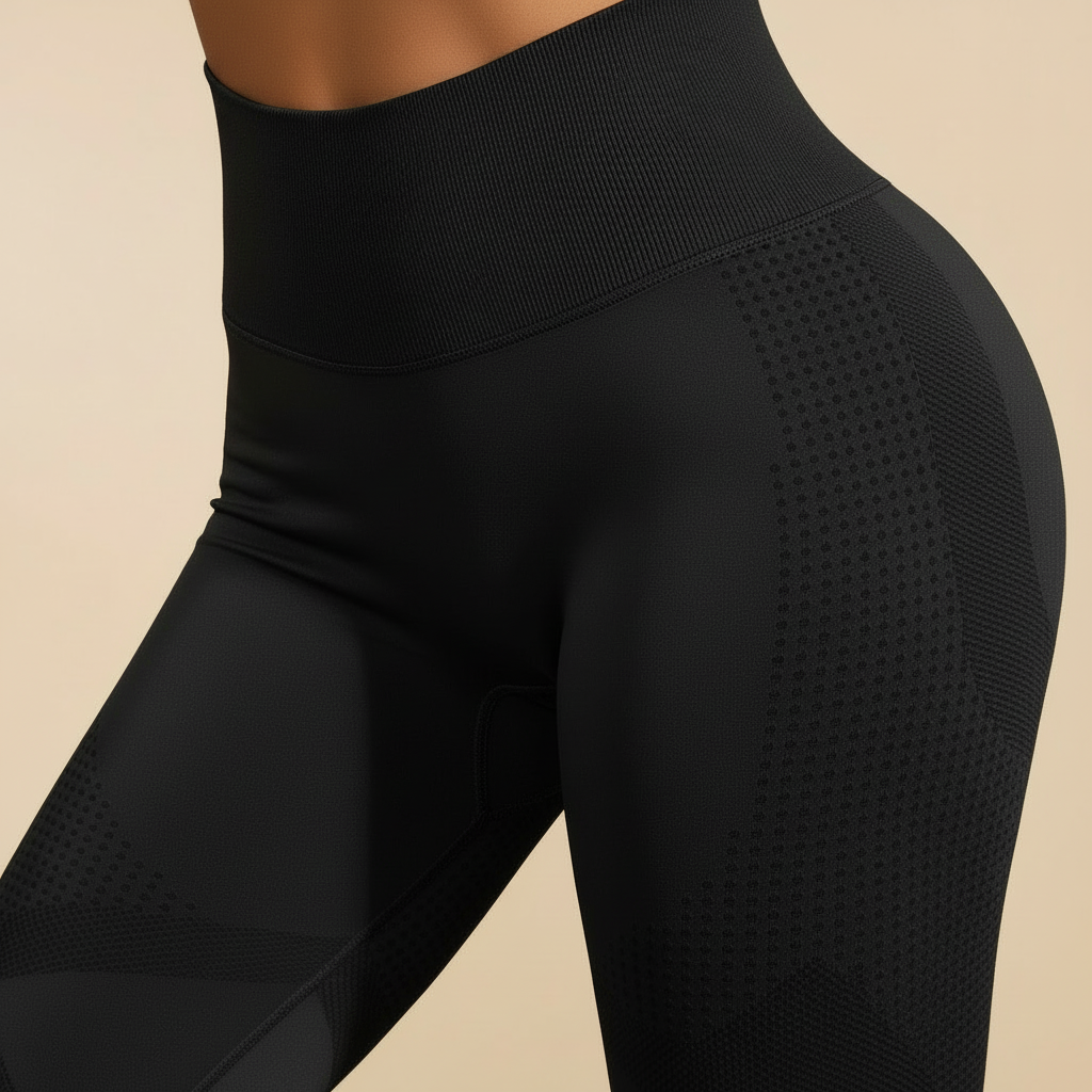 Legging anti cellulite noir, zoom texture matière sur la cuisse, effet lissant, studio crème.