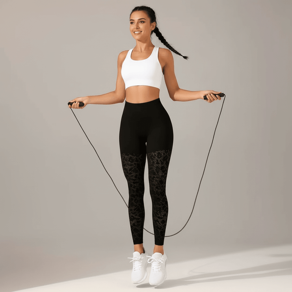 femme en legging de compression noir en train de sauter à la corde en studio