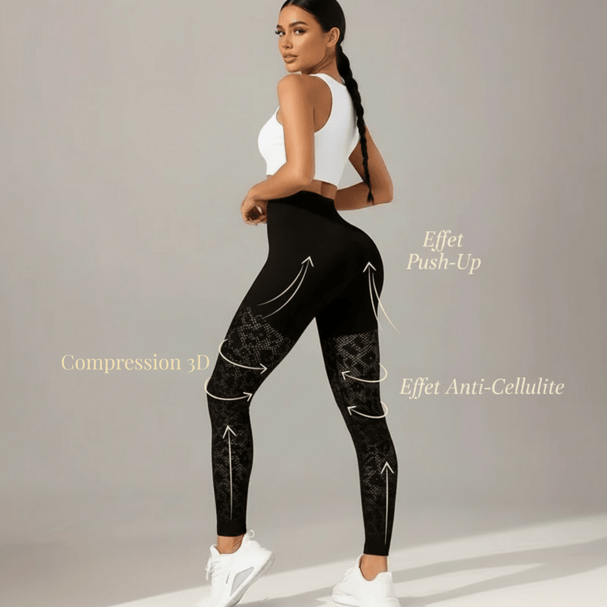 legging de compression noir : infographie vue de dos montrant la compression 3D, l'effet push-up et l'effet anti-cellulite
