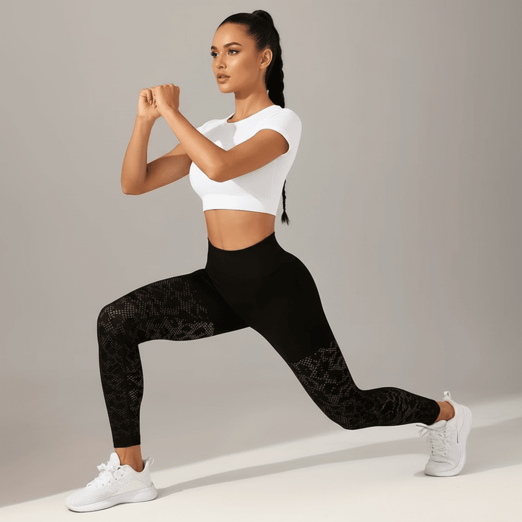 femme en legging de compression noir en pose fente dynamique en studio