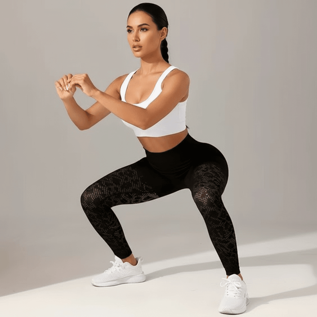 femme en legging de compression noir en pose squat vue de face en studio