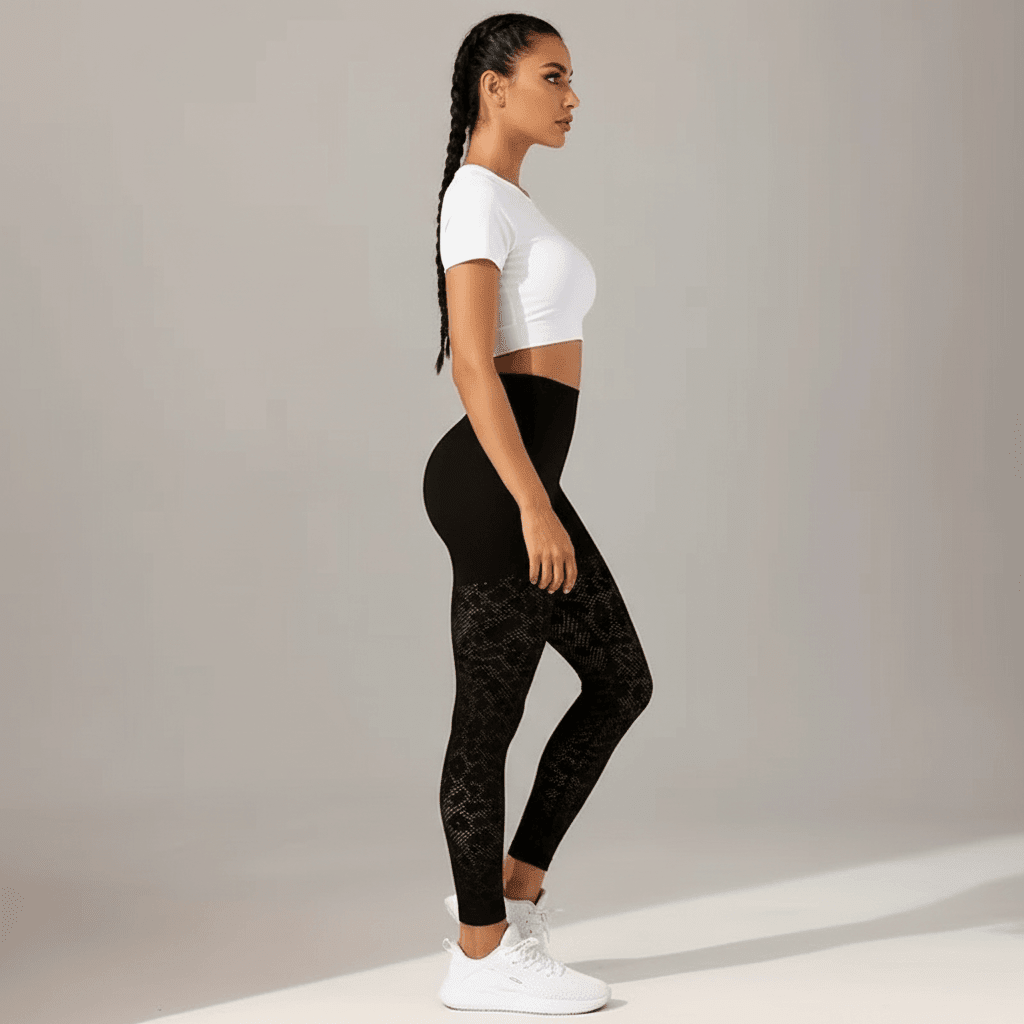 femme en legging de compression noir vue de profil en pose élégante en studio