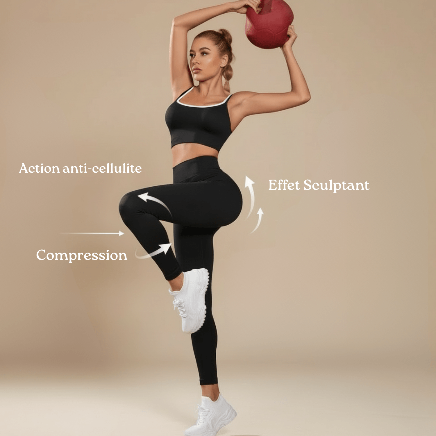 Legging femme anti cellulite noir avec infographie montrant l action anti cellulite sur les jambes et les cuisses
