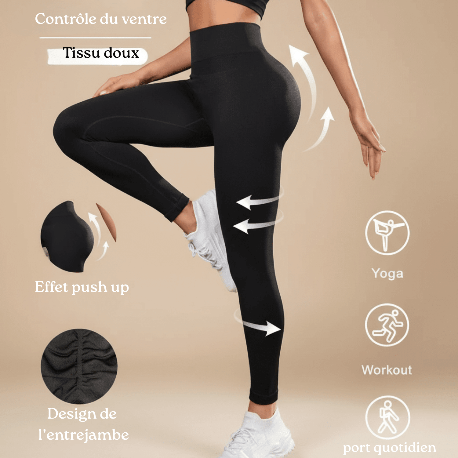 Legging femme anti cellulite noir avec infographie produit en studio beige minimaliste