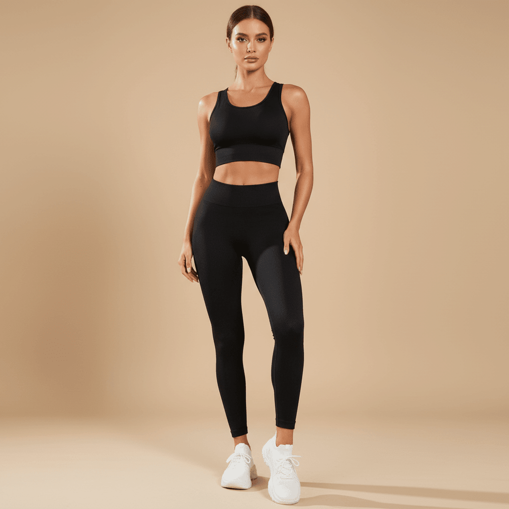 legging femme anti cellulite noir vue de face en studio minimaliste beige avec taille haute gainante