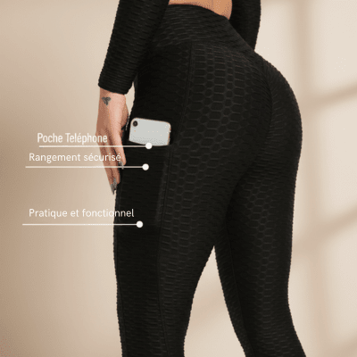Legging noir femme avec poche téléphone latérale et texture nid d abeille