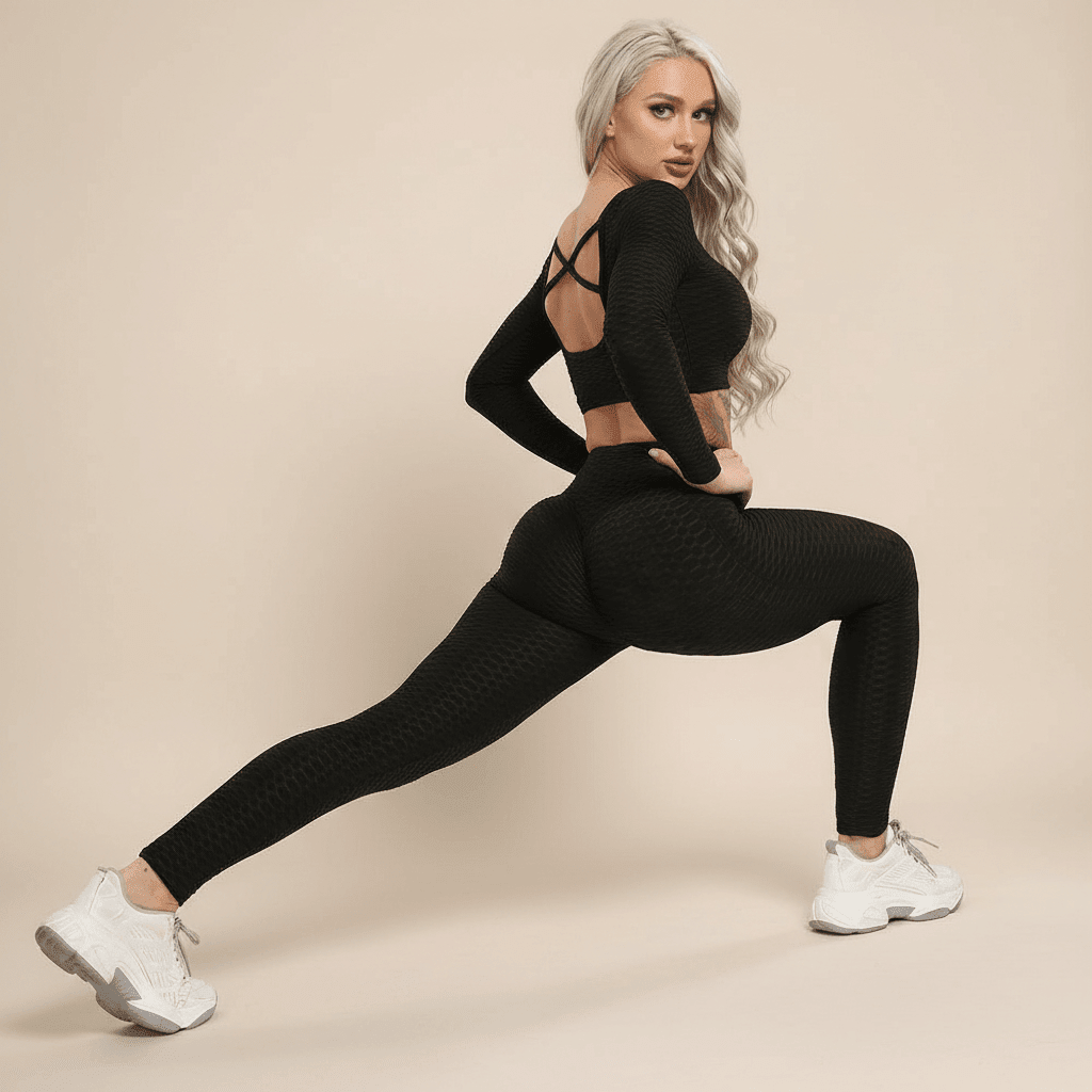 Legging noir femme en pose fente latérale avec texture nid d abeille