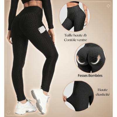 Legging noir femme vue arrière avec taille haute et effet push up