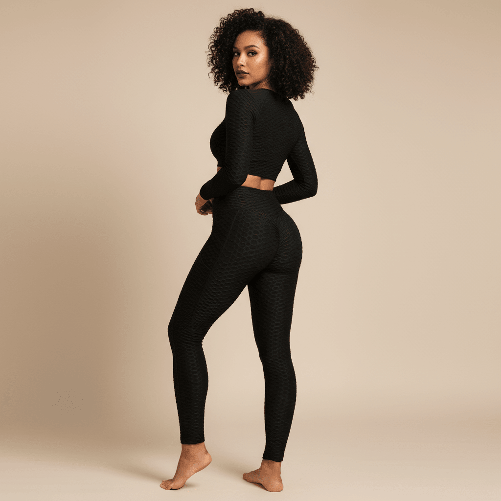 Legging noir femme vue de dos avec visage visible en studio minimaliste beige