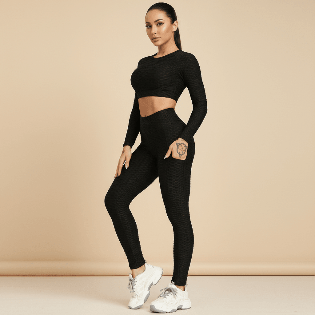 legging noir femme vue de face pose élégante avec taille haute sculptante et texture 3D