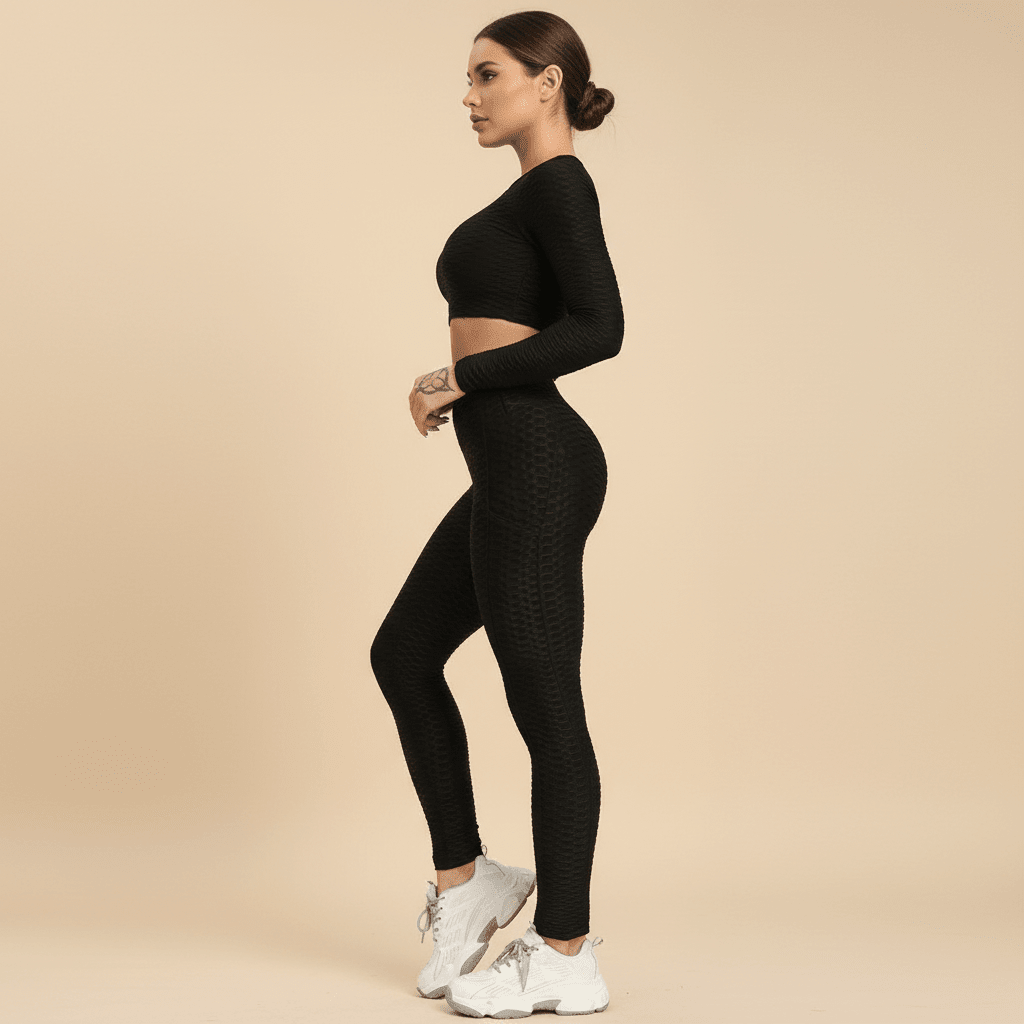 legging noir femme vue de profil en studio beige avec texture nid d abeille et taille haute
