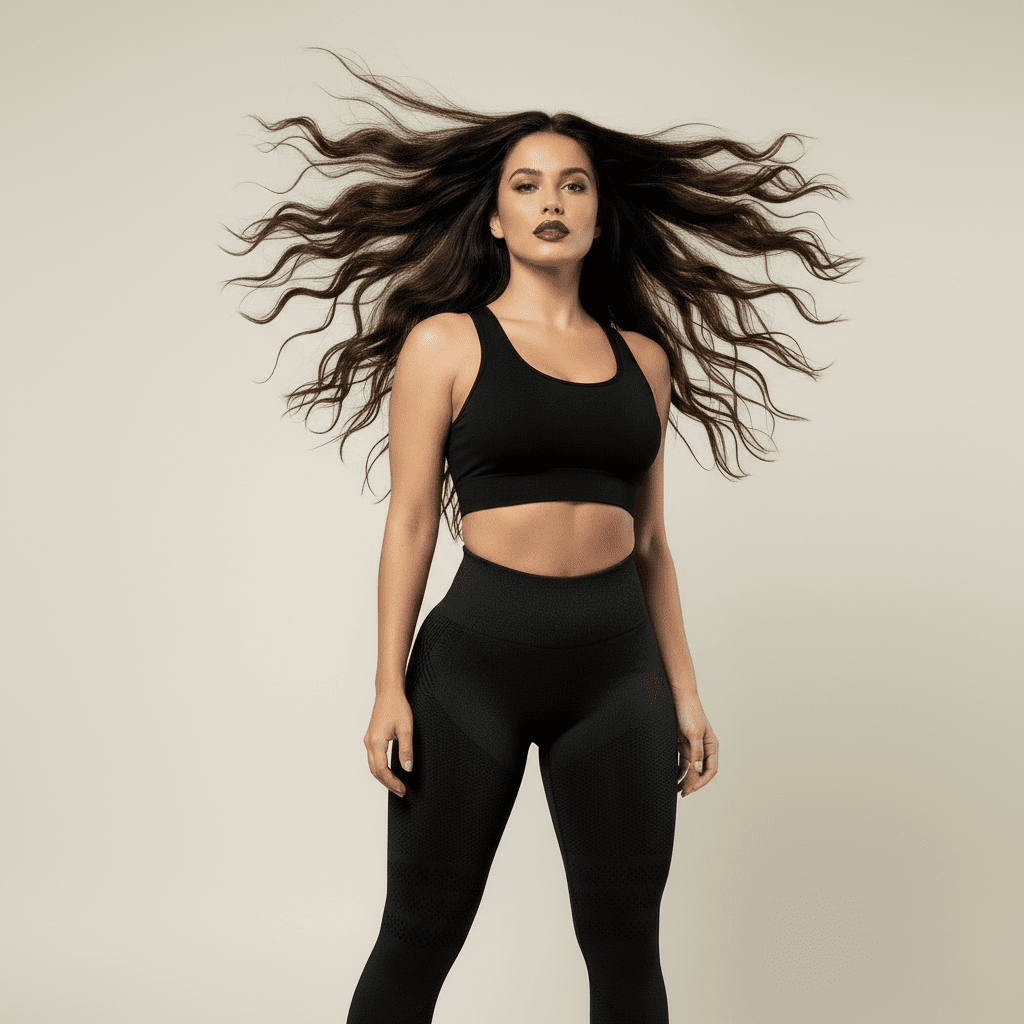 Legging sport femme noir push-up, brassière noire, mannequin debout en pose élégante, cheveux lâchés en mouvement, fond crème doux, style premium