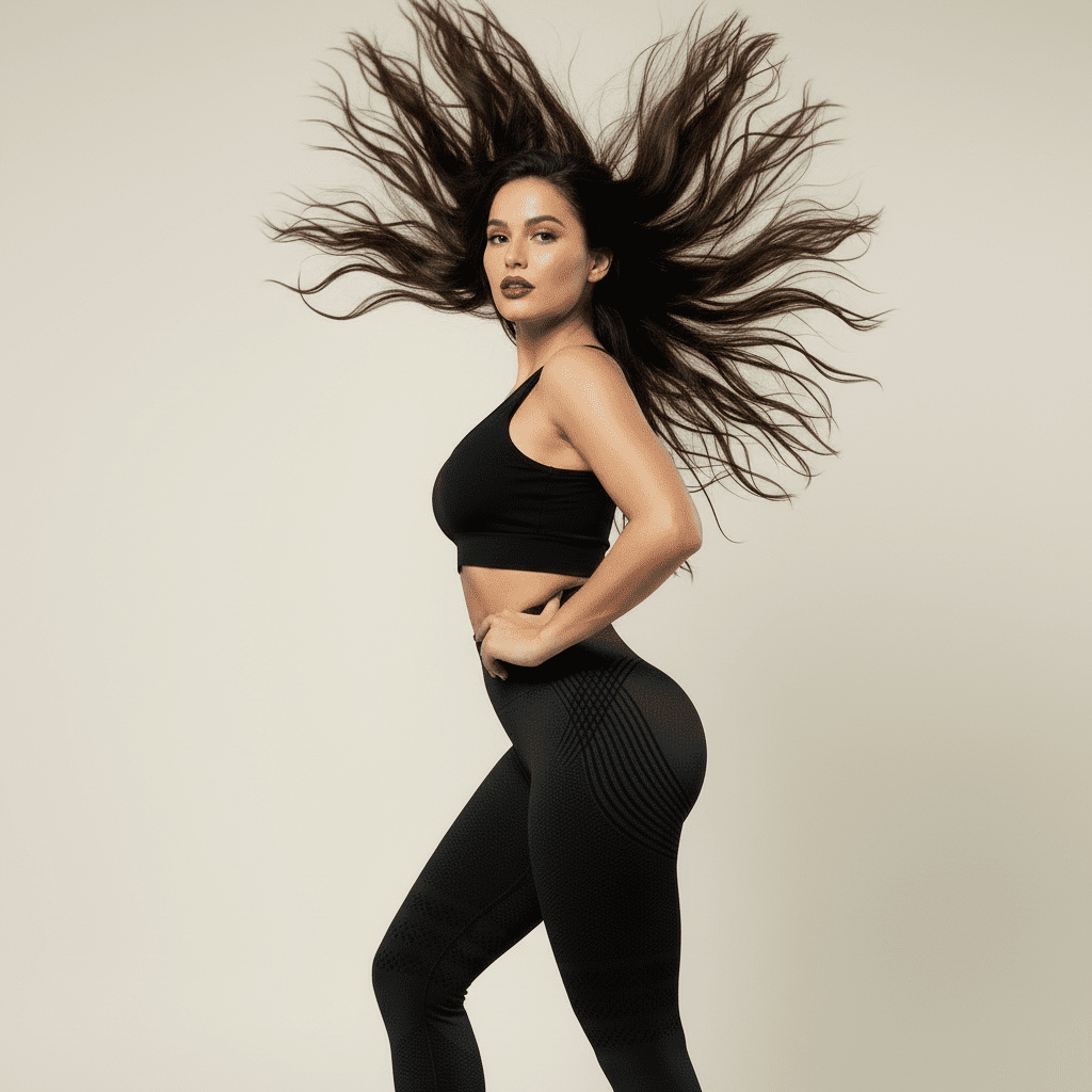Legging sport femme noir push-up, brassière noire, mannequin en pose trois-quarts, main sur la taille, cheveux lâchés en mouvement, fond crème doux