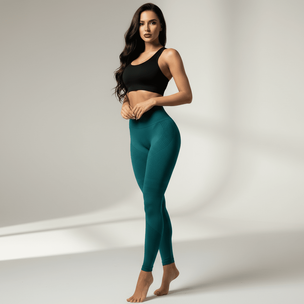 Legging sport femme vert push-up 3D, brassière noire, mannequin debout en nouvelle pose élégante, cheveux lâchés en mouvement naturel, fond crème doux