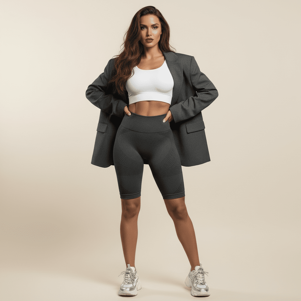 Short fitness femme taille haute, look athleisure avec blazer oversize et baskets tendance, fond crème minimaliste