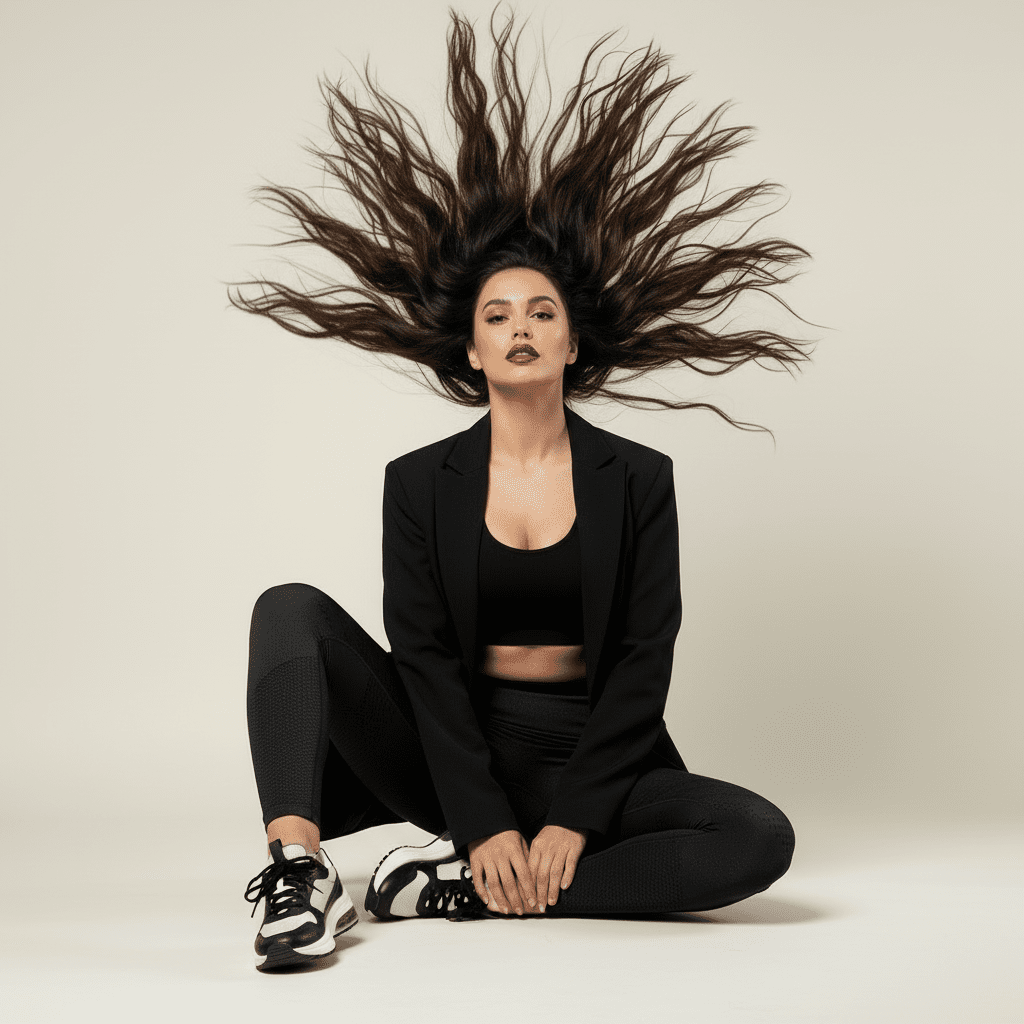 Legging sport femme noir push-up, brassière noire, blazer noir oversize, baskets tendance, mannequin assise élégante, cheveux lâchés en l’air, fond crème doux