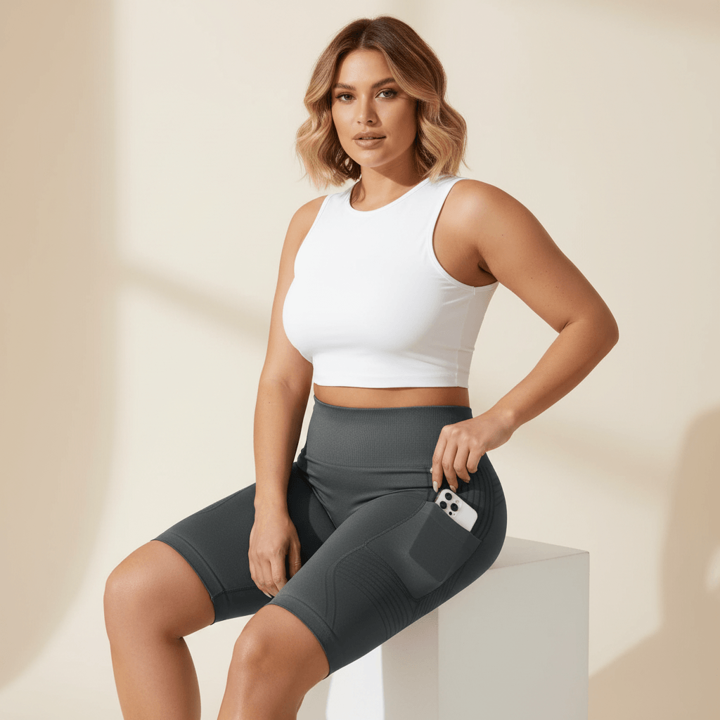 Femme assise sur un cube en short anti-cellulite avec poches gris, vue de dos