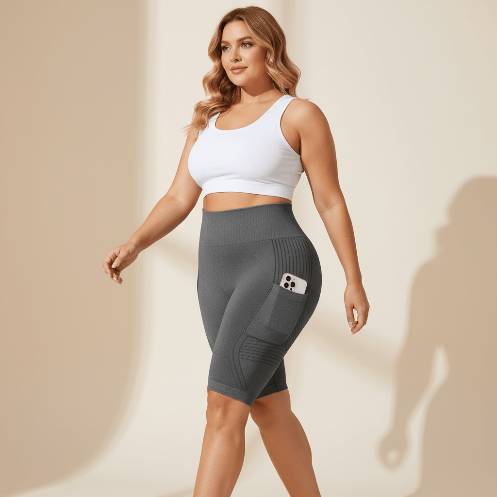 Short anti-cellulite avec poches gris en marche, vue de profil, studio ivoire