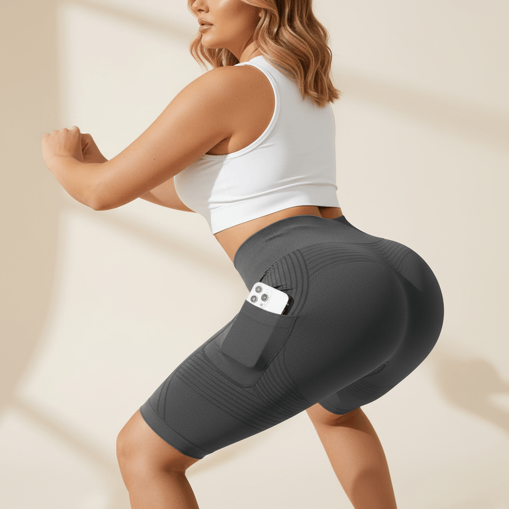 Short anti-cellulite avec poches gris en squat vu de dos, 100% opaque squat-proof