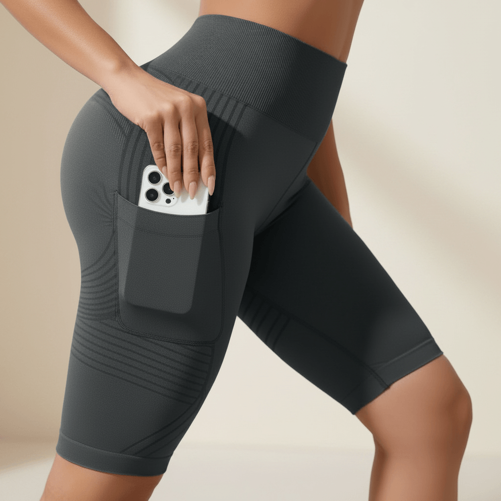 Zoom sur la poche latérale du short anti-cellulite tenant un smartphone