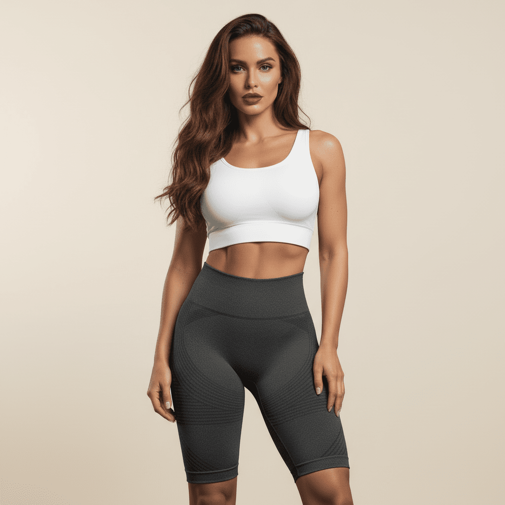 Short femme sport gris, debout, vue de face, coupe mi-cuisse taille haute, studio minimaliste crème