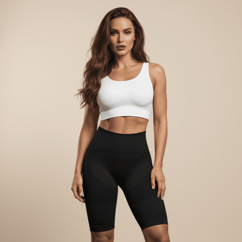 Short femme sport noir, debout, vue de face, coupe mi-cuisse taille haute, studio minimaliste crème