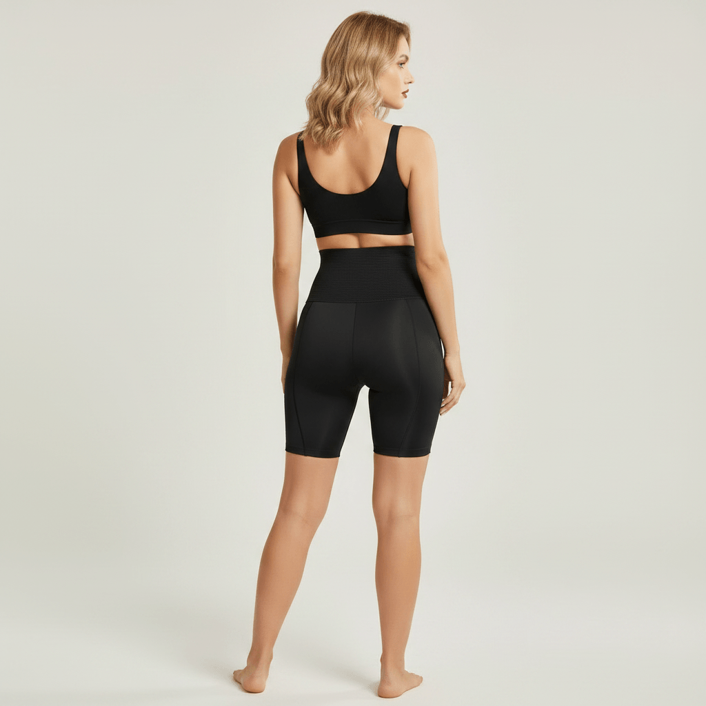 Short Gainant Réglable Taille Haute noir, vue dos plein pied, studio ivoire