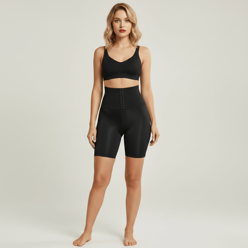 Short Gainant Réglable Taille Haute noir, vue face plein pied, studio ivoire