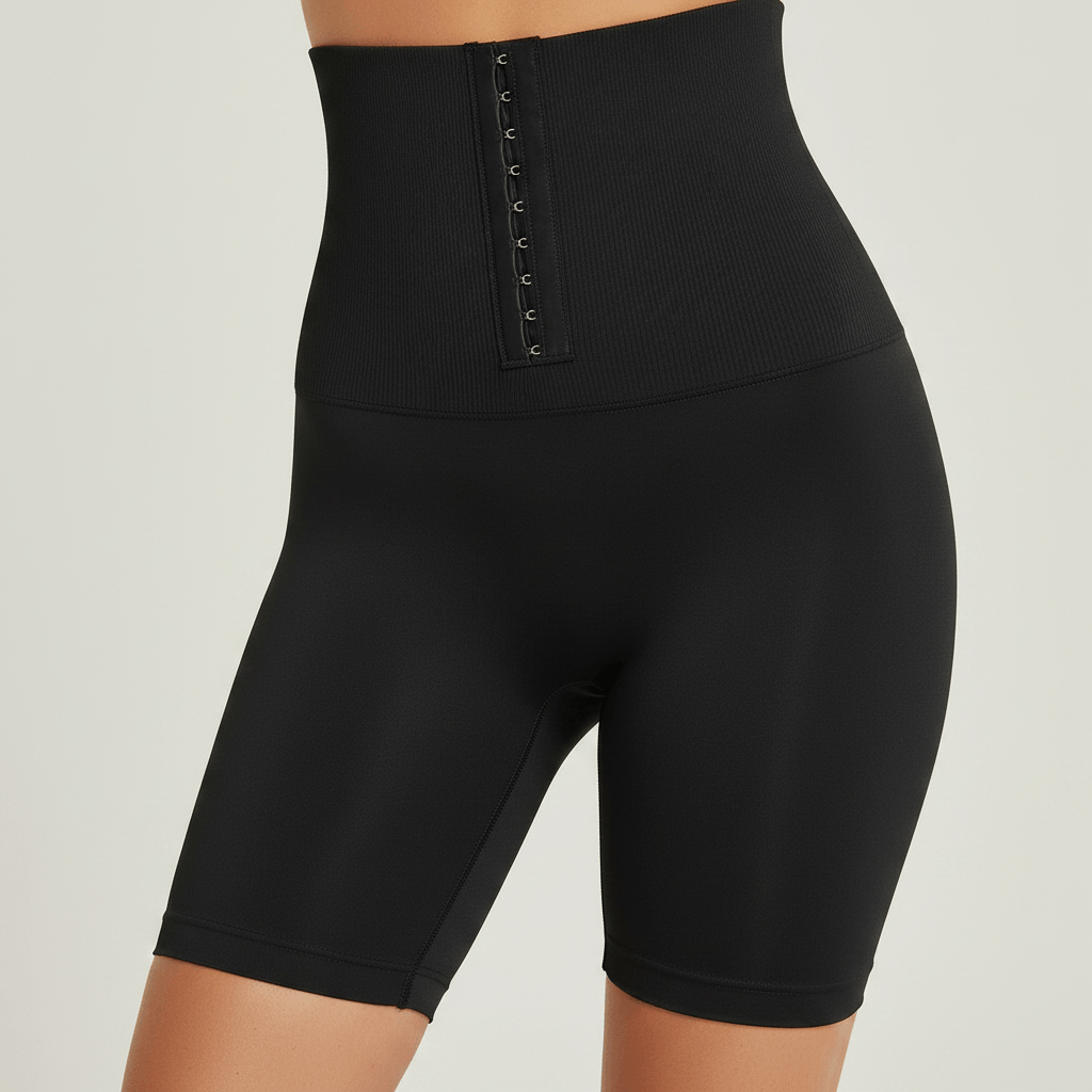 Short Gainant Réglable Taille Haute noir, zoom sur agrafes réglables et ceinture, studio ivoire