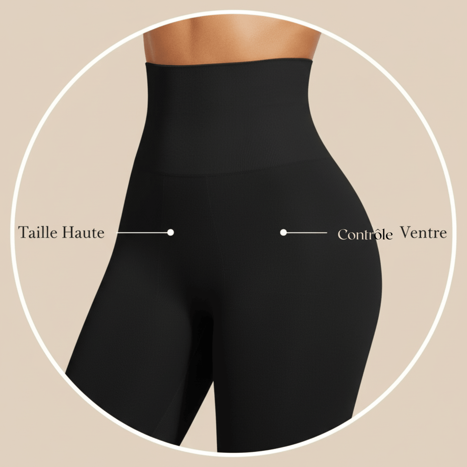 short taille haute noir zoom sur la ceinture haute avec effet contrôle ventre