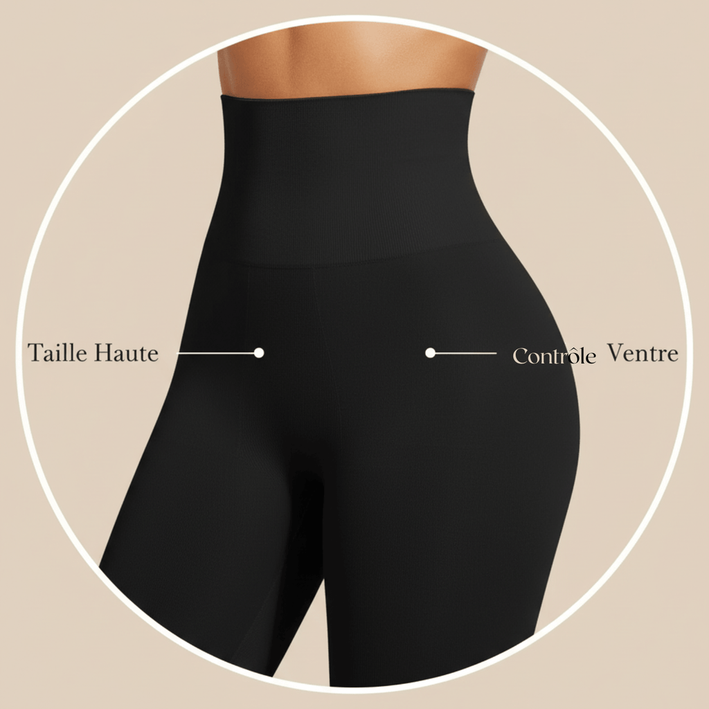 short taille haute noir zoom sur la ceinture haute avec effet contrôle ventre