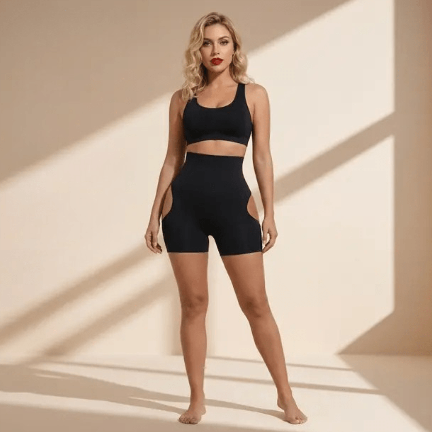 Femme portant le shorty remonte-fesses noir avec brassière assortie, silhouette galbée