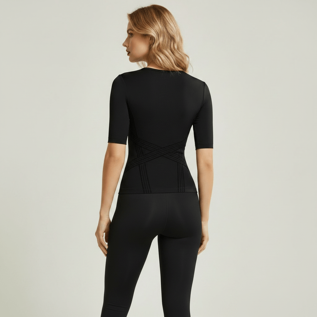 Vue de dos du t-shirt de compression 3D noir, détail des bandes croisées