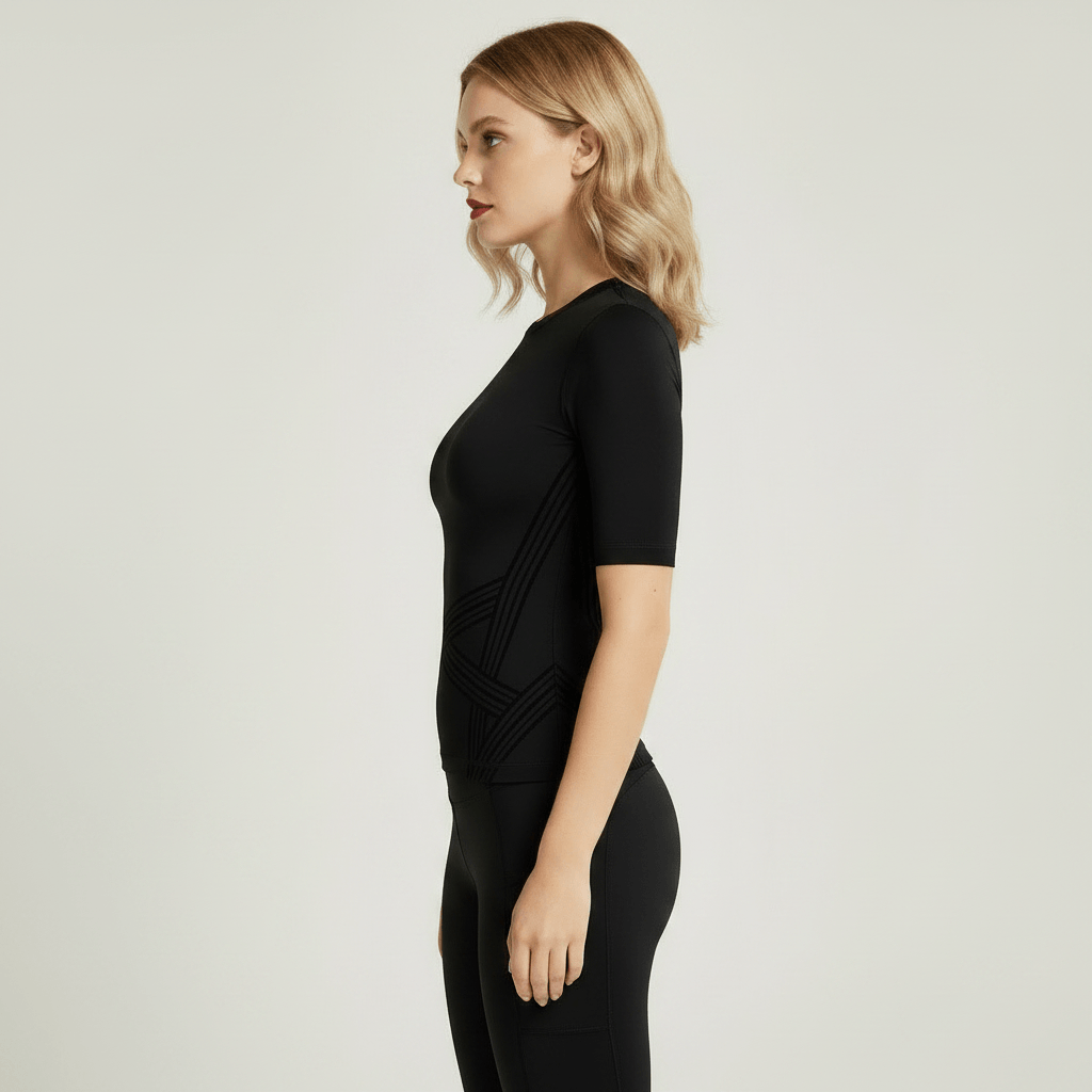 T-shirt de compression 3D noir vu de profil, coupe ajustée seconde peau