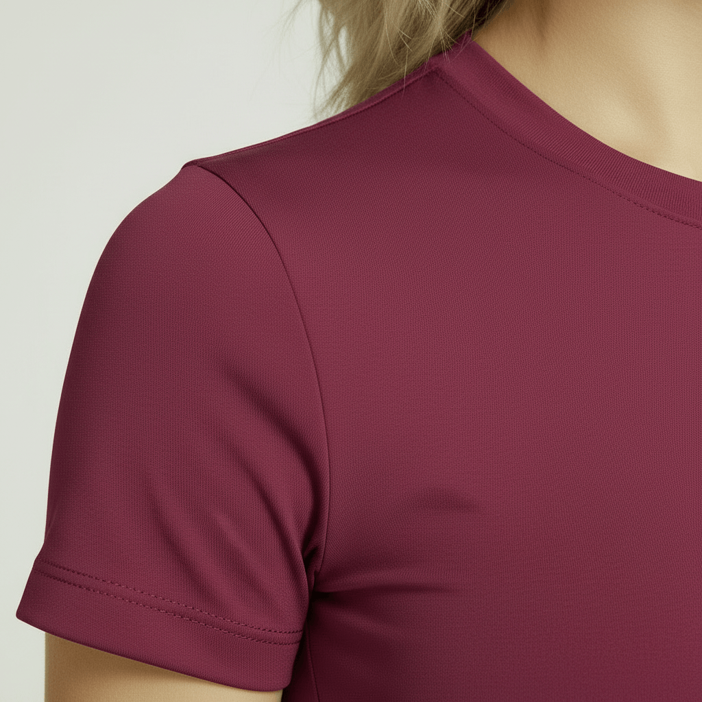 T-shirt de Sport Femme compression framboise, zoom texture tissu technique et couture raglan, studio ivoire minimaliste