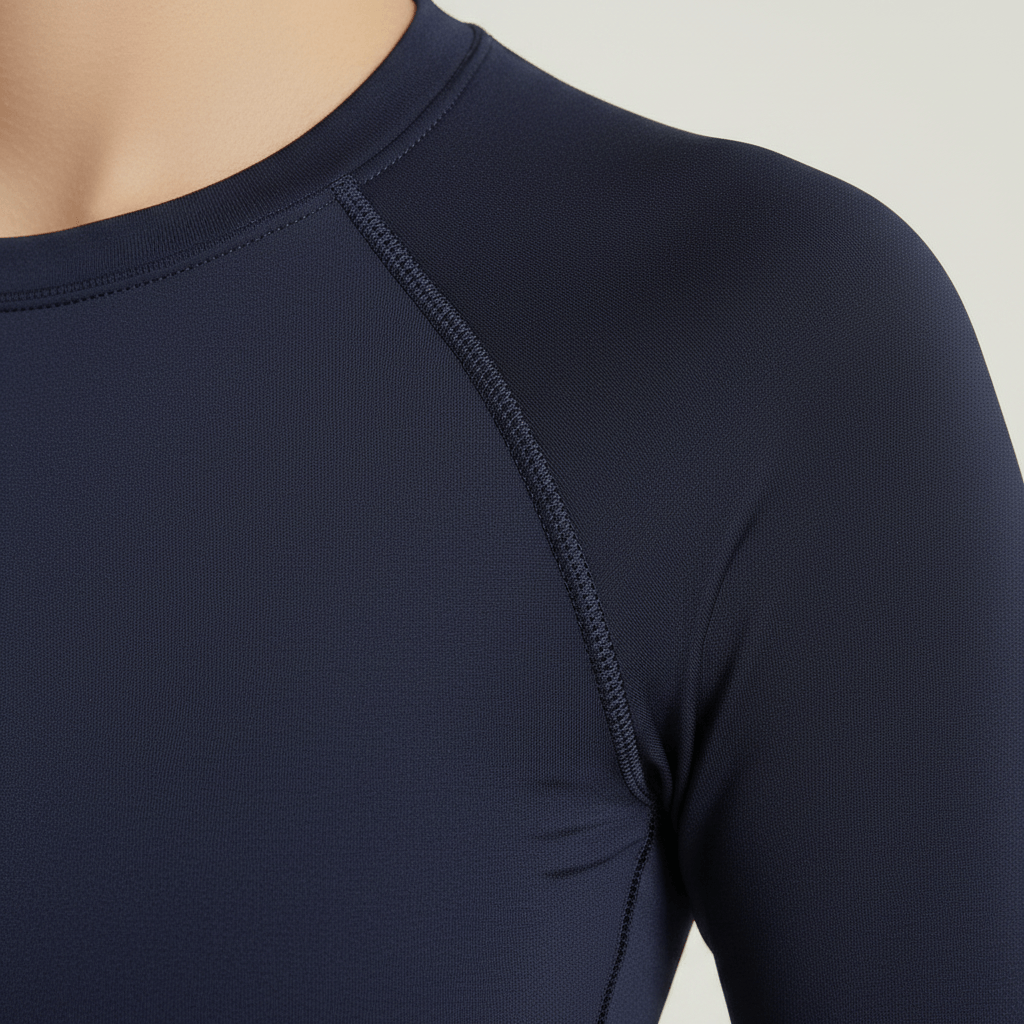 T-shirt Manches Longues bleu marine, zoom texture tissu technique et couture raglan, studio ivoire minimaliste
