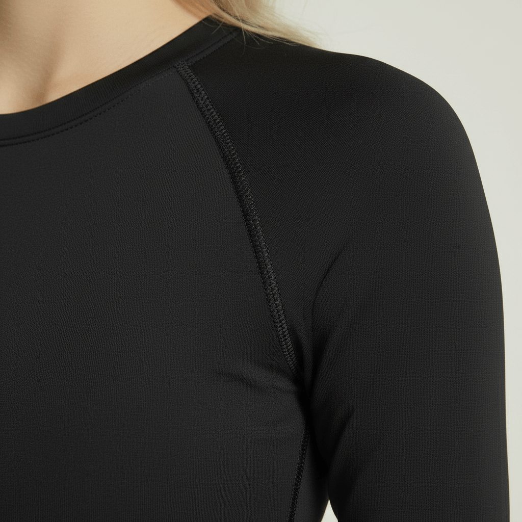 T-shirt Manches Longues Femme noir, zoom texture tissu technique et couture raglan, studio ivoire minimaliste