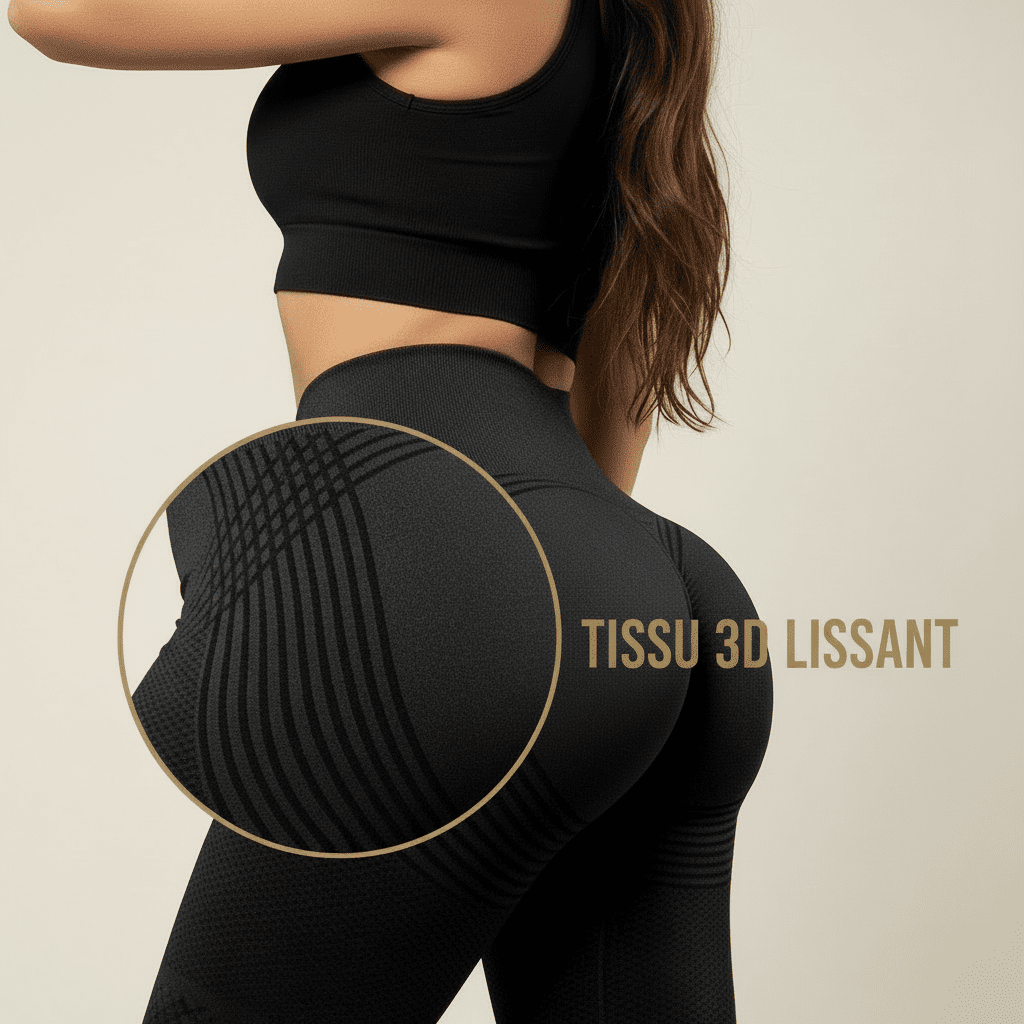Texture 3D du legging sculptant qui aide à réduire visiblement l'aspect de la cellulite.