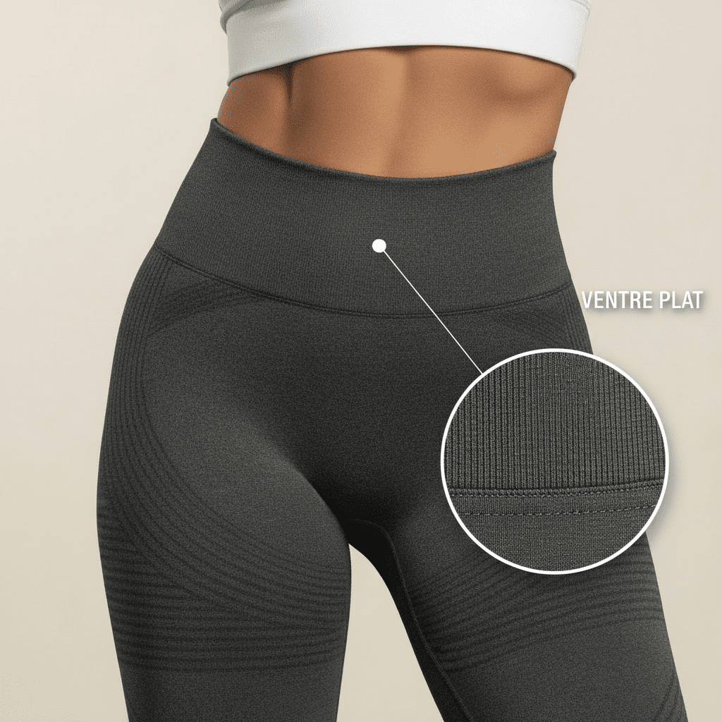 Zoom ceinture taille haute du short cycliste anti-cellulite (variant gris), loupe montrant le détail du maintien et mention VENTRE PLAT, fond studio crème minimaliste.