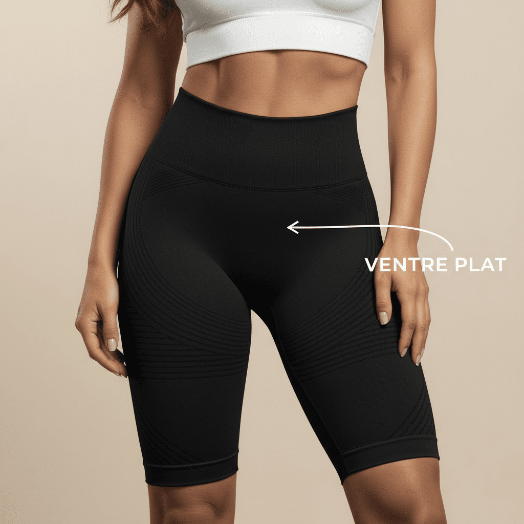 Zoom ceinture taille haute du short cycliste anti-cellulite noir seamless, loupe montrant le détail du maintien et mention VENTRE PLAT, fond studio crème minimaliste.