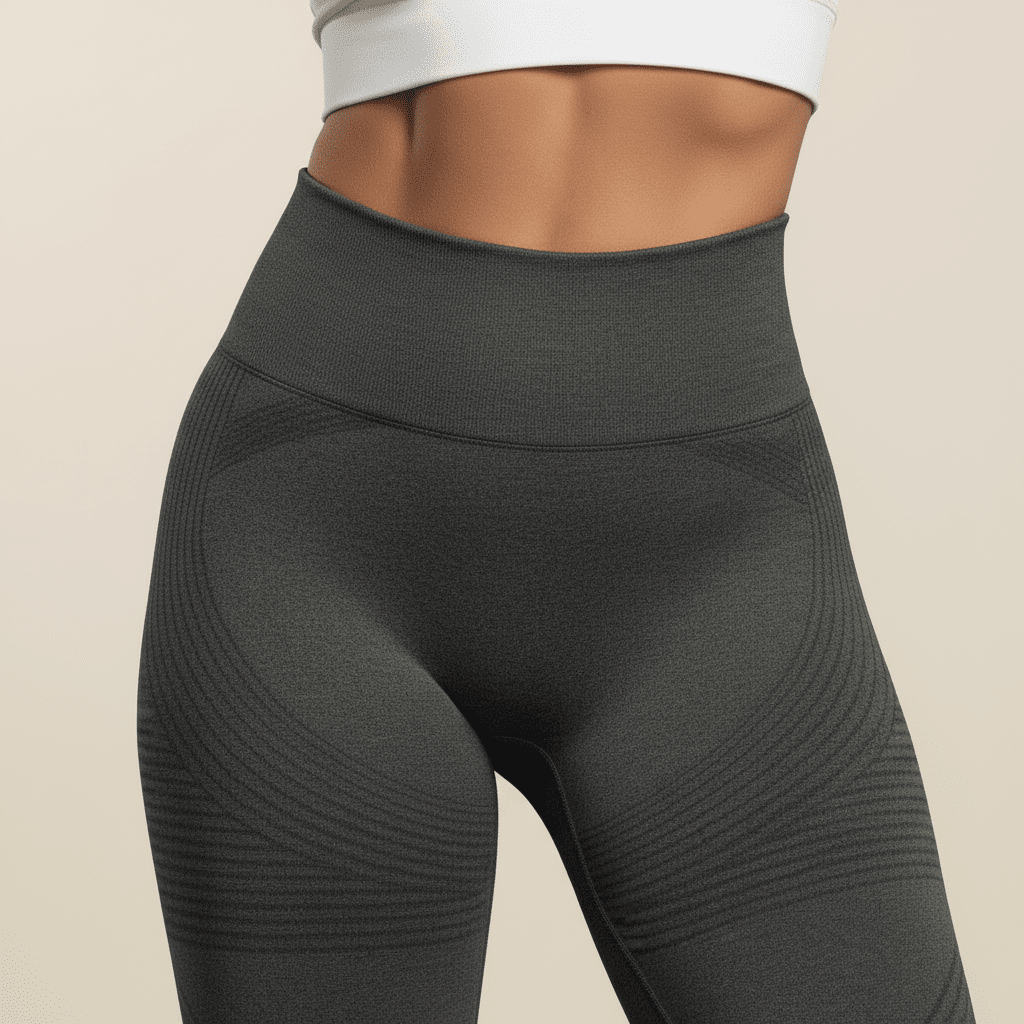 Zoom sur la taille haute short sport femme, effet gainant, ambiance crème douce